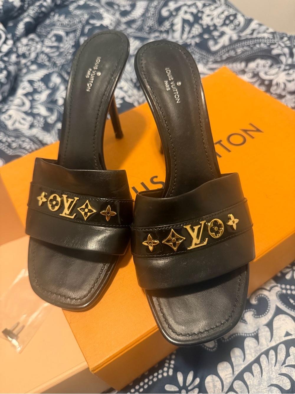 Louis Vuitton Black Leather Mule Sandals with Gold Logo Accents